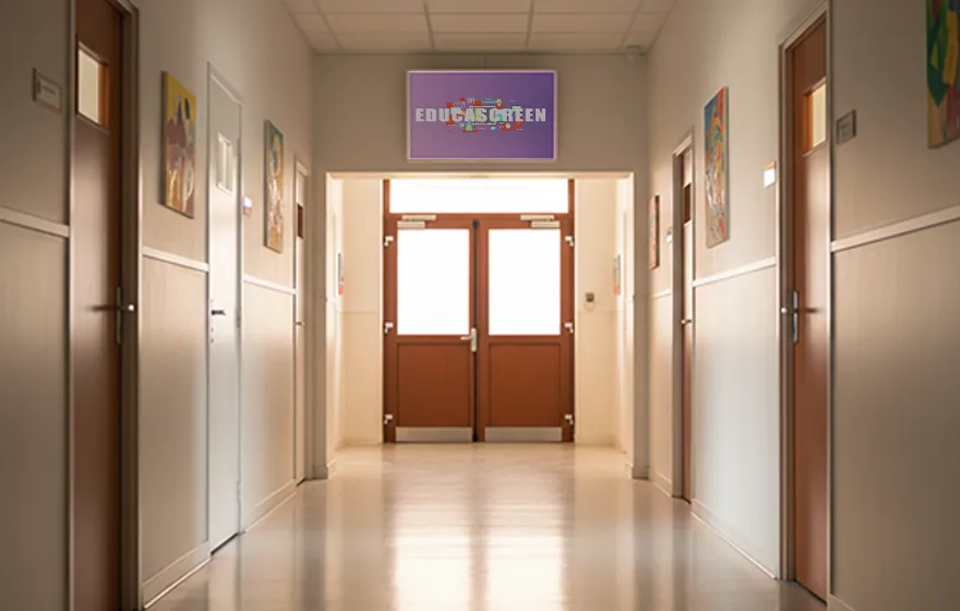 Écran EDUCASCREEN au bout d'un couloir de collège