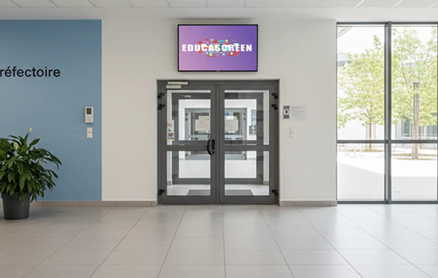 Écran EDUCASCREEN à l'entrée du réfectoire d'un lycée